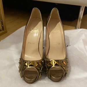 Authentic Christian Louboutin gold lady peep heel with embellishments - 120mm